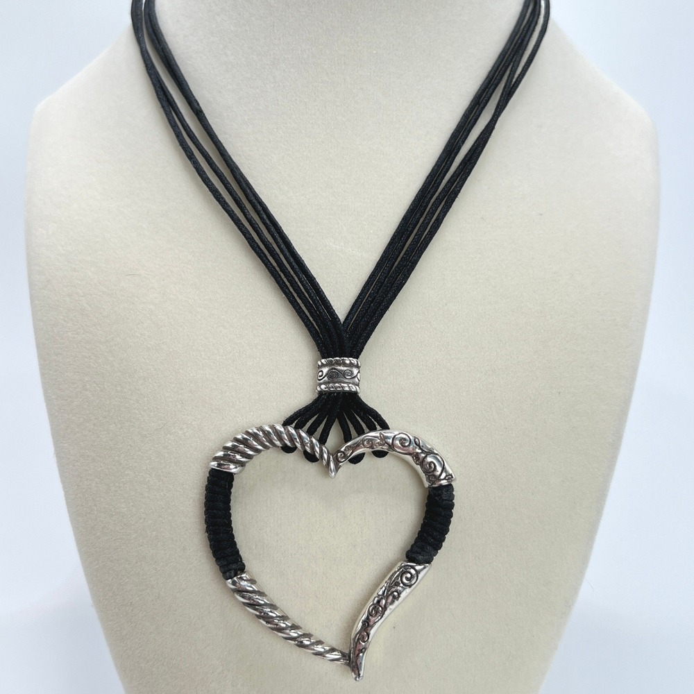 Brighton Heritage Heart Corded Necklace Black Silver Plated Multi Strand - Picture 2 of 11